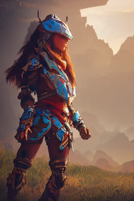 Image similar to combination suit armor aloy horizon forbidden west horizon zero dawn radiating a glowing aura global illumination ray tracing hdr fanart arstation by ian pesty and alena aenami artworks in 4 k tribal robot ninja mask helmet backpack