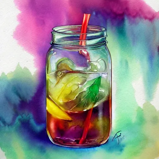 Image similar to Ice Tea in a mason jar, Watercolor, photorealistic, high resolution, award winning, trending on artstation, art poster, art by artgerm