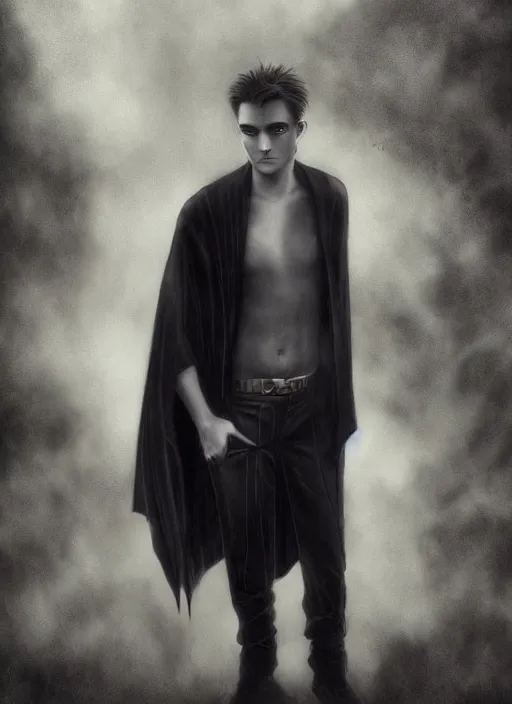 Image similar to well - shaven robert pattinson, black outfit, cape, in the style of tom bagshaw, sandman, misty endless dream cinematic background, netflix sandman