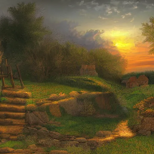 Prompt: beautiful view of a medieval landscape while sun is setting, digital art