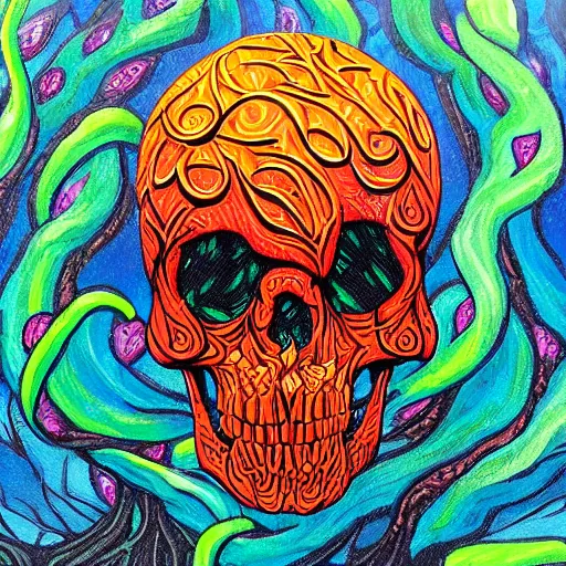 Prompt: fire skull inspired by René Laloux,Dan Mumford,colourful paint dripping,twisted ivy vines-n 2