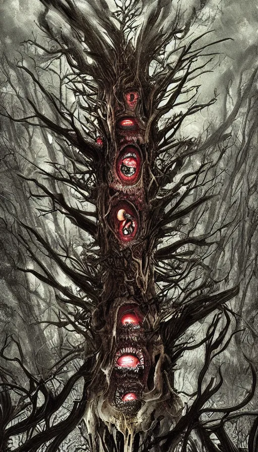 Prompt: a storm vortex made of many demonic eyes and teeth over a forest, by sam spratt