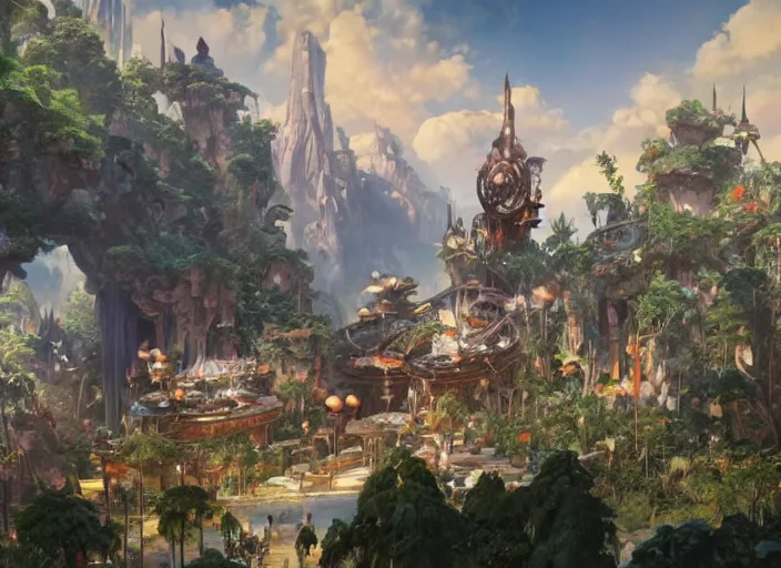 Prompt: avatar themepark interior designed by disney imagineering, rendered by artgerm and greg rutkowski and alphonse mucha