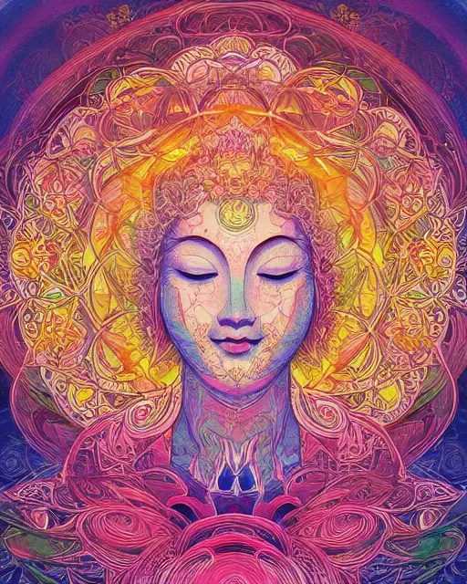 Prompt: flower of life contented peaceful bright eyes smiling bodhisattva, praying meditating, portrait, intricate, colorful, symmetrical, art by artgerm and wlop and james jean and carne griffiths, artstation 8 k uhd