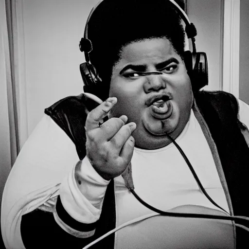 Prompt: obese Michael Jackson wearing a headset yelling at his monitor while playing WoW highly detailed wide angle lens 10:9 aspect ration award winning photography by David Lynch esoteric erasure head