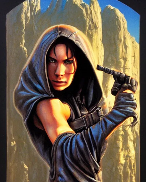 Image similar to hooded adventurer woman, airbrush, drew struzan illustration art, key art, movie poster