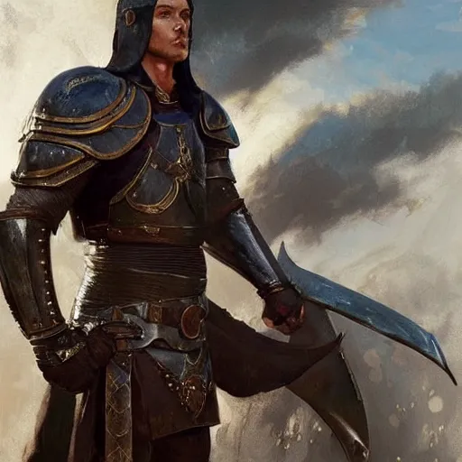 Prompt: young warrior marching toward the viewer, male, muscular, blue eyes!!!!, straight nose!!!, detailed face, exposed thighs!!!, leather armor, fantasy, medieval, highly detailed, painting by greg rutkowski