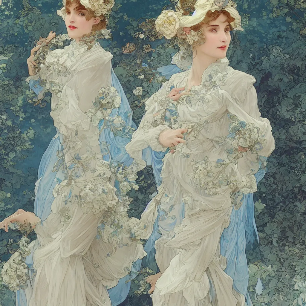 Image similar to lady dressed in a vaporous wrapped large victorian cream roses silk semi-transparent blue and cream dress fashion is running D&D, fantasy, intricate, elegant, highly detailed, digital painting, artstation, concept art, matte, sharp focus, illustration, art by and Alphonse Mucha