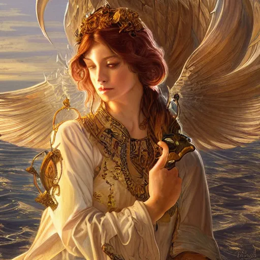 Image similar to portrait of the angel of fishery (fishery angle, an angel as representation of fishery), D&D, fantasy, intricate, elegant, highly detailed, digital painting, artstation, concept art, smooth, sharp focus, illustration, art by artgerm and greg rutkowski and alphonse mucha