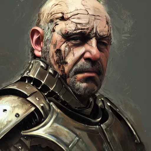 Prompt: a professionally painted portrait of Frank Reynolds, clothed in ancient battle armor, olive skin, curly black hair, beautiful bone structure, symmetrical facial features, scar across face, intricate, elegant, digital painting, trending on Artstation, concept art, smooth, sharp focus, illustration, from Metal Gear by Ruan Jia and Mandy Jurgens and Artgerm and and william-adolphe bouguerea, award winning