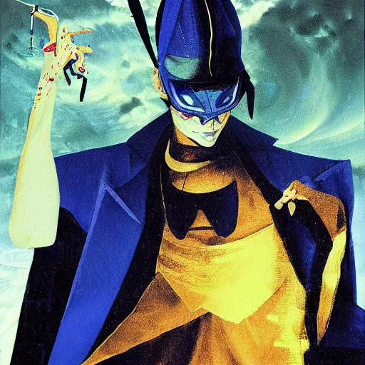 Prompt: portrait of the hacker cyberpunk magician in a dramatic jojo pose tarot card, golden blue outfit, oil on canvas by dave mckean and ryuichi sakamoto