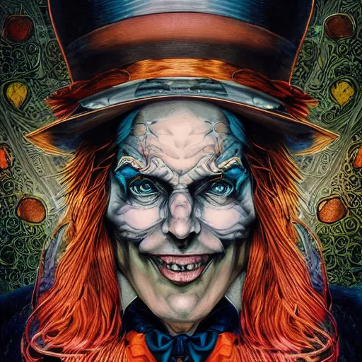 Image similar to portrait of the mad hatter, symmetrical, by yoichi hatakenaka, masamune shirow, josan gonzales and dan mumford, ayami kojima, takato yamamoto, barclay shaw, karol bak, yukito kishiro