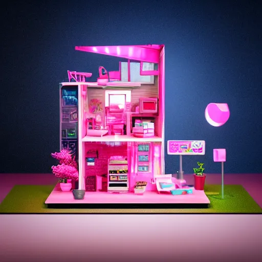 Image similar to a cute pink cyberpunk tiny doll house, barbie house by mattel, cute little garden, octane rendered, led lighting, 4 k