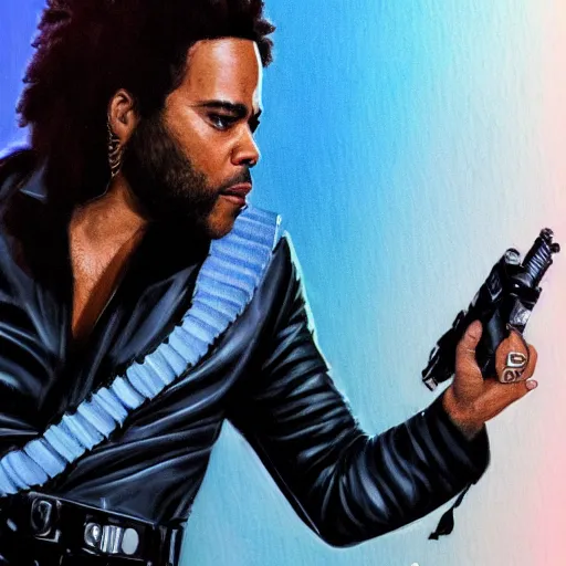 Image similar to detailed accurate portrait of lenny kravitz as han solo, star wars movie still, high resolution image, dc comics art style, artstation trends, 8 k