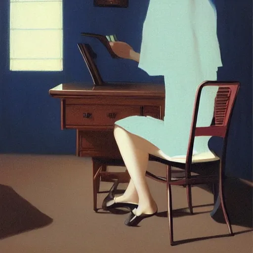 Image similar to oil painting by ilya kuvshinov, rhads, coby whitmore, of a youthful japanese beauty, long hair, sitting on antique chair leaning against a desk, victorian room