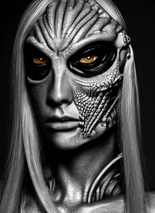 Image similar to a profile portrait, a stunning young woman - cyborg with a mutant lizard head, editorial photography, bw, by roman sustov, by hr giger, shot on 7 0 mm, depth of field, f / 2. 8, high contrast, 1 6 k, volumetric lighting, shiny, insanely detailed and intricate, hypermaximalist, elegant, ornate