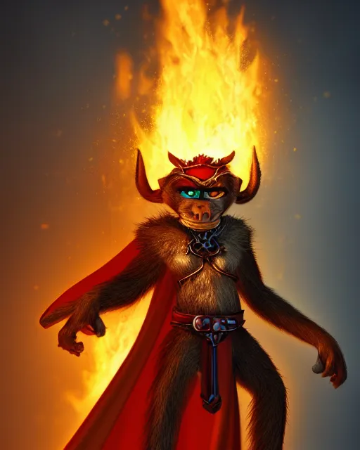 Image similar to fury art, an anthro monkey wearing a large cape and a fantasy armor, fire, fiery background, 3 d, 8 k, extremely detailed, trending on furaffinity, trending on artstation, award winning, sharp focus, illustration