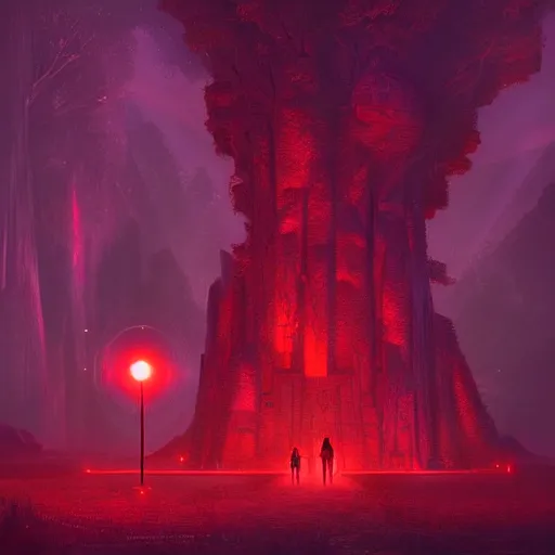 Prompt: red futuristic temple between giant trees, shooting stars, dramatic lighting, artstation, matte painting, raphael lacoste, simon stalenhag, frank lloyd wright