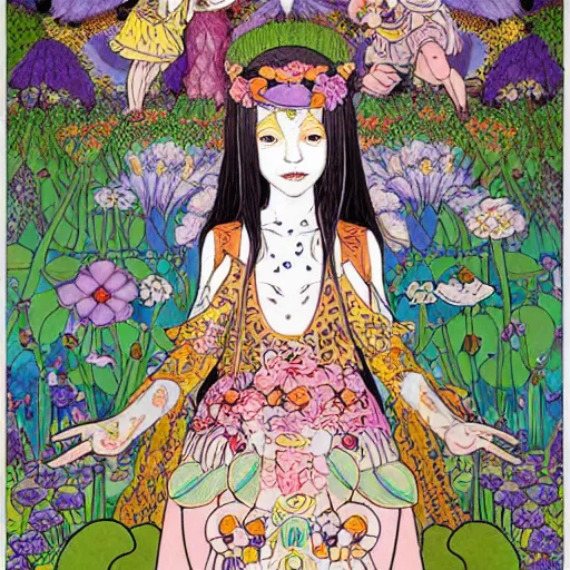 Image similar to a young NeoPagan Goddess of Spring, inside her temple, in a blended style by Junko Mizuno, Henry Darger, and Peter Chung, hyper detailed, photorealistic digital art, flat colors, extremely fine inking lines