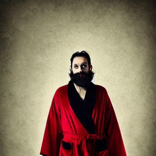 Prompt: a man with a long black beard in a red robe, portrait, realism, cyberpunk, manly beard