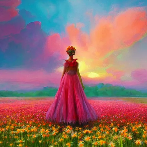 Prompt: giant daisy flowers on head, full body girl standing in a flower field, surreal photography, sunrise, dramatic light, impressionist painting, colorful clouds, digital painting, artstation, simon stalenhag