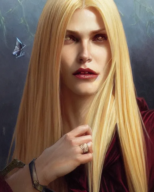 Image similar to portrait of a blonde vampire, dark, piercing eyes, gentle expression, elegant clothing, photorealistic, highly detailed, artstation, smooth, sharp focus, art by michael whelan, artgerm, greg rutkowski and alphonse mucha