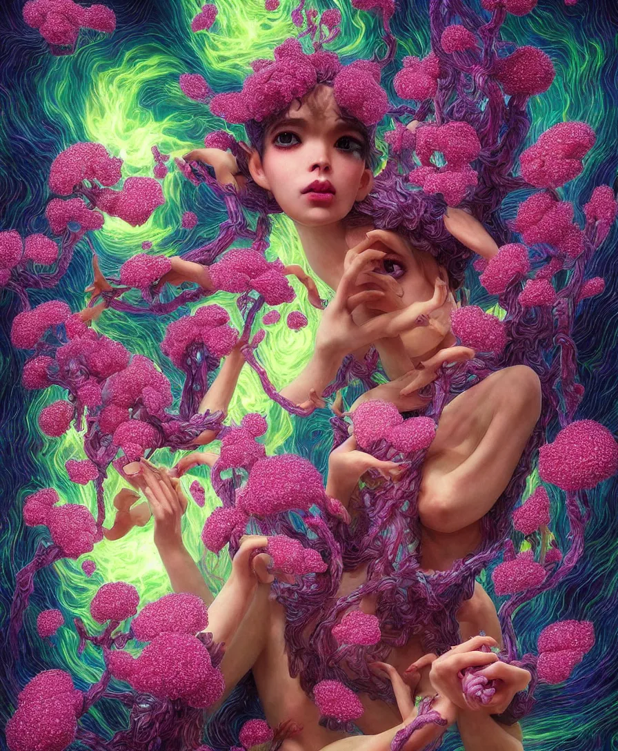 Image similar to hyper detailed 3d render like a Oil painting - kawaii portrait Aurora demon (ancient black haired Fae acrobat) seen Eating of the Strangling network of yellowcake aerochrome and milky Fruit and Her delicate Hands hold of gossamer polyp blossoms bring iridescent fungal flowers whose spores black the foolish stars by Jacek Yerka, Mariusz Lewandowski, Houdini algorithmic generative render, Abstract brush strokes, redshift render, Masterpiece, Edward Hopper and James Gilleard, Zdzislaw Beksinski, Mark Ryden, Wolfgang Lettl, hints of Yayoi Kasuma, extremely detailed, 8k