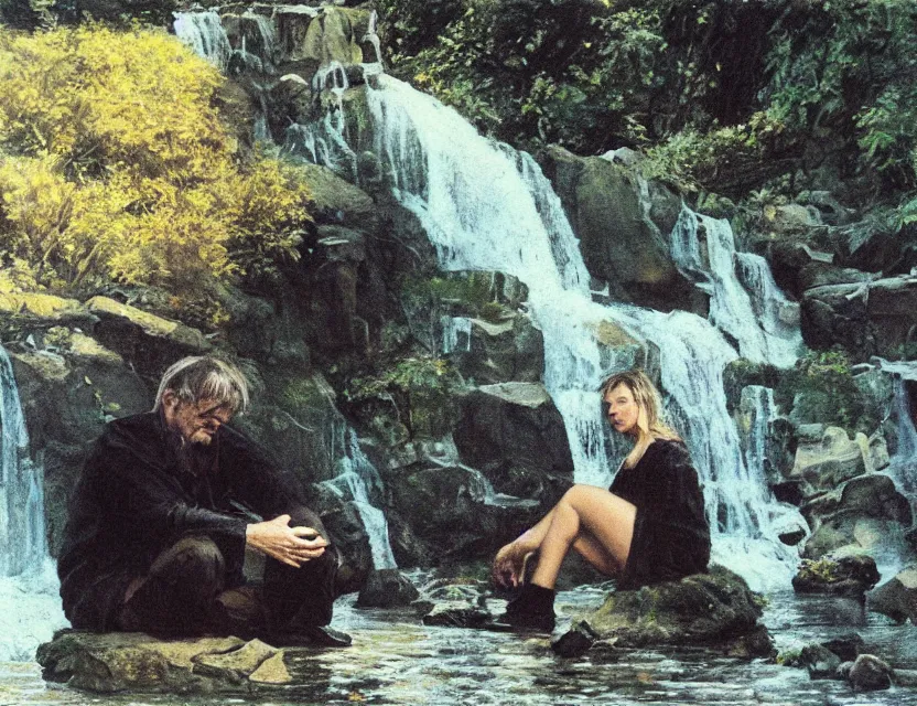 Image similar to steve hanks, serov valentin, lisa yuskavage, andrei tarkovsky, terrence malick, focused monk sits near waterfall, golden ratio, perfect symmetrical, polaroid, vintage, soft lights, foggy, oil on canvas