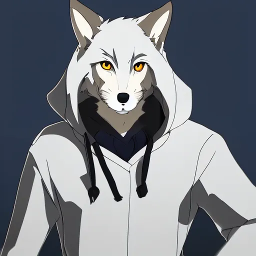 Prompt: key anime visual portrait closeup of a handsome male anthro wolf furry fursona with beautiful eyes, wearing a hoodie, official modern animation