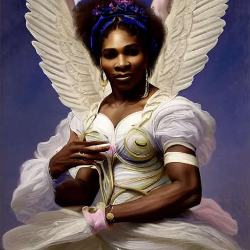 Image similar to Serena Williams as Nike Goddess portrait, wings, luxuriant, dreamy, eternity, romantic, highly detailed, in the style of Franz Xaver Winterhalter, highly detailed, in the style of Aetherpunk