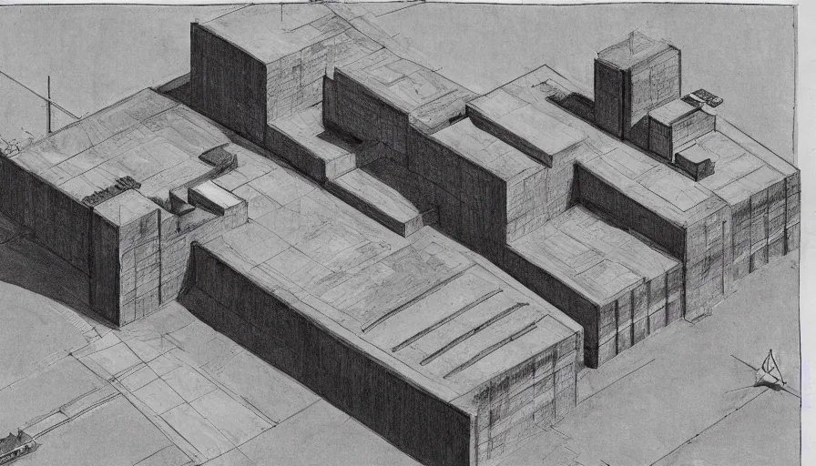 Image similar to big brutalist military base, drawing architecture, very long shot, top angle