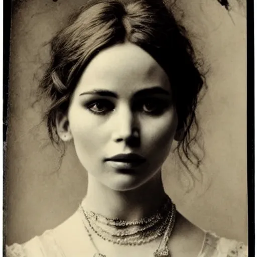 Image similar to victorian photograph of a mix of jennifer lawrence and lilly collins, 1 8 9 0 s photography, 1 9 0 0, realistic face, symmetrical face, studio photograph, grainy, edwardian, old photo