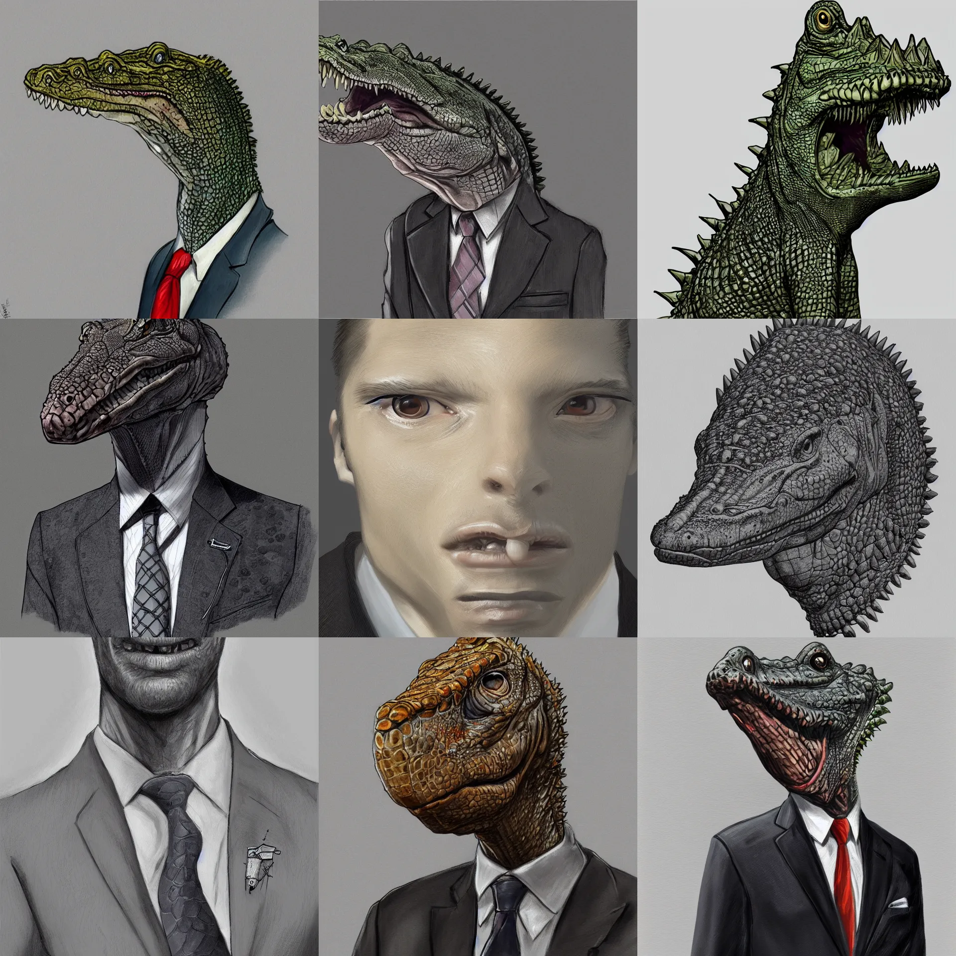 Prompt: Crocodile in a business suit, highly detailed portrait, digital painting, trending on Artstation