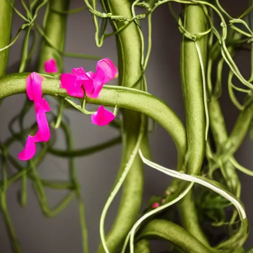 Image similar to studio photograph of a thin green vine creature with vine limbs and a pink blooming flower mouth with many sharp teeth