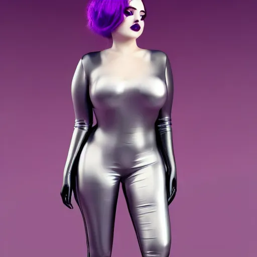 Image similar to portrait of a curvy feminine hot pale goth woman with elegant tight silver nylon latex and silk outfit, thin waist, black lipstick and purple makeup, photorealistic, sublime, 16k, smooth, sharp focus, cgsociety, ArtStation, volumetric lighting