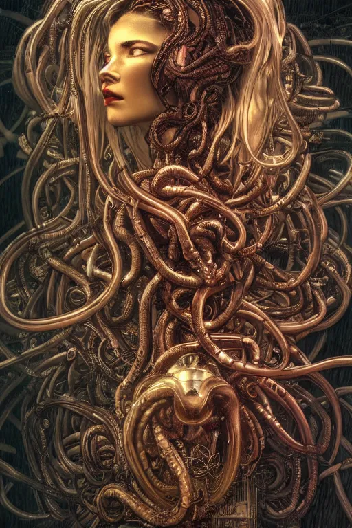 Image similar to Cyberpunk medusa, dark atmosphere, cinematic shot, intricate, ornate, photorealistic, ultra detailed, realistic, 35mm, photography, neon, octane, high definition, depth of field, bokeh, 8k, artstation, ((alphonse mucha)), (hr giger)