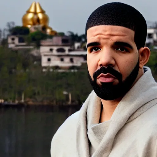 Image similar to photo of drake glaring, short hair, beard, hindu temple in background