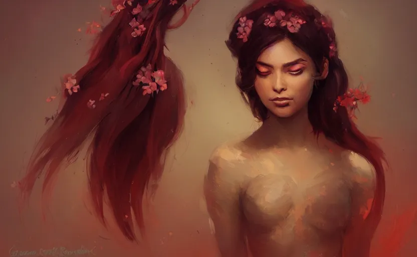 Image similar to a painting of jasmine trending on artstation in the style of greg rutkowski, beautiful, sensual, flower, portrait, adorable, alter, hell, fire hair