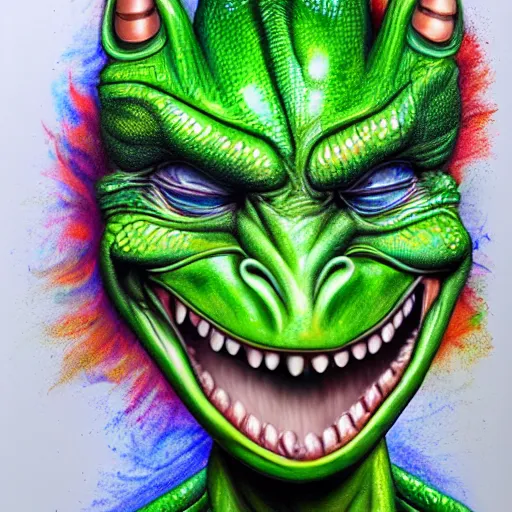 Image similar to president trump is a smiling laughing bright green lizard person, airbrush painting, hyper detailed, 8 k.