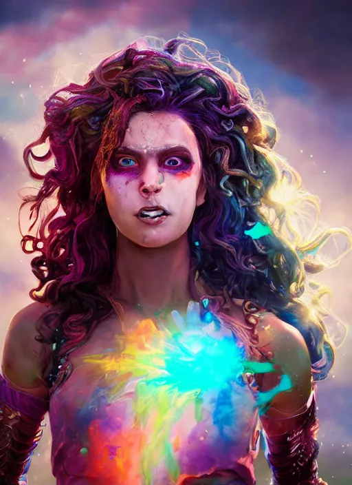 Image similar to an epic fantasy comic book style portrait painting of a girl wearing colorful makeup with a smile and curly brown hair stepping out of a doorway with light shining behind her, unreal 5, daz, hyperrealistic, octane render, cosplay, rpg portrait, dynamic lighting, very detailed face