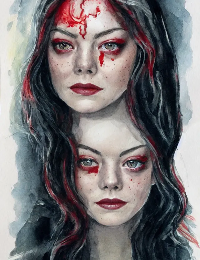 Image similar to portrait of a young emma stone as the scarlet witch, beautiful eyes, long black hair, aquarelle, realistic painting, freckles, 1 / 4 headshot