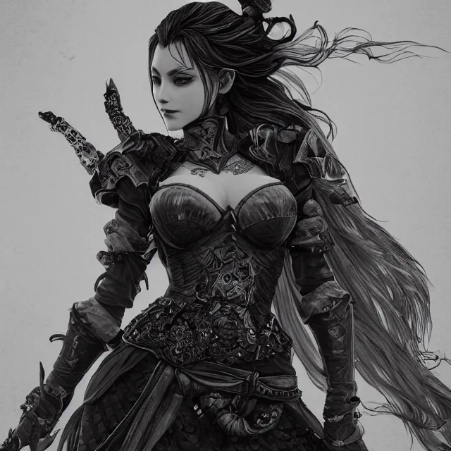 Prompt: the portrait of the neutral evil fallen female dark knight vagabond as absurdly beautiful, gorgeous, elegant, sophisticated european gravure idol, an ultrafine hyperdetailed illustration by kim jung gi, irakli nadar, intricate linework, detailed faces looking up, octopath traveler, final fantasy, unreal engine 5 highly rendered, global illumination, detailed and intricate environment