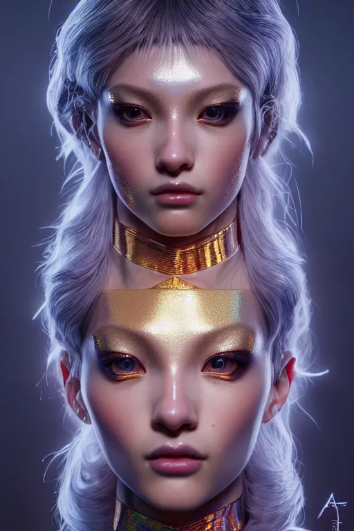 Prompt: hyperdetailed portrait of a stunningly beautiful movie thirty years old star androgynous woman guard made of iridescent metals, shiny gems, inspired by ross tran and wlop and masamune shirow and kuvshinov, concept art, intricate, photorealistic, octane render, rtx, hdr, unreal engine, dnd digital art by artgerm