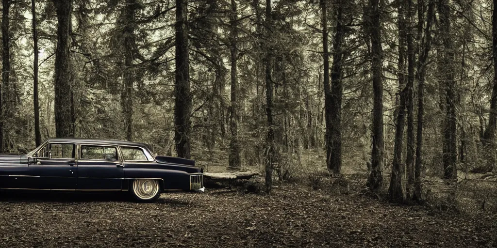 Prompt: a beautiful widescreen photo of a old cadillac in a dark forest, with a old laughing happy old man with long hair, long beard, in a dark forest low light, by dimitri mellos