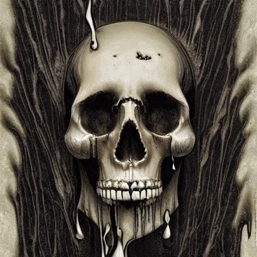 Prompt: vertical pile of melting skull vomiting black tar, anja millen