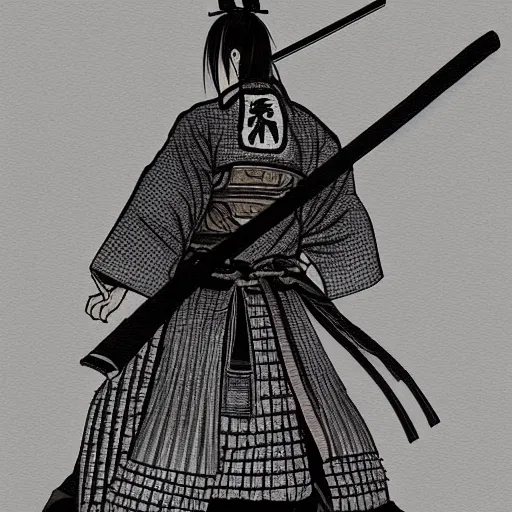 Prompt: A FULL BODY PORTRAIT FROM BEHIND OF A SAMURAI THAT HOLDS 2 KATANAS FROM VAGABOND, ,detailed, concept art, ink style , sketch black and white colors