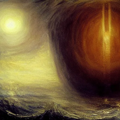 Prompt: a gigantic lovecraftian cyclope emerging from under the ocean, gazing to the sky, as in a turner's painting