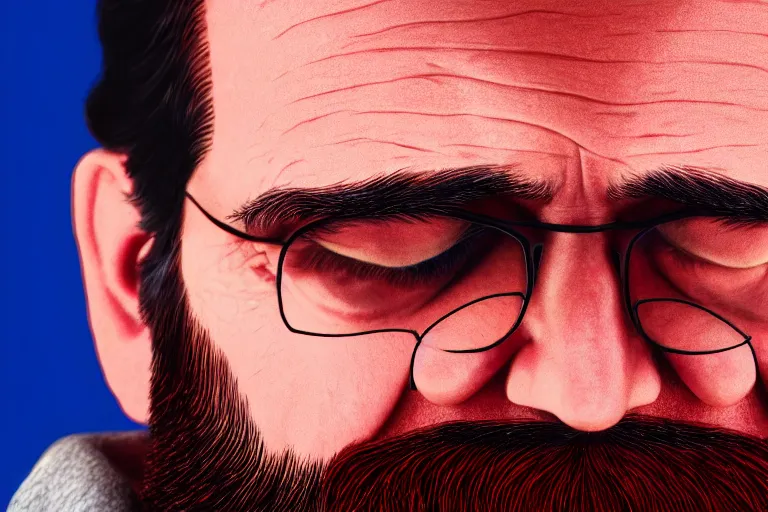 Image similar to ( ( a beautiful 8 k photorealistic masterpiece oil - logo ) ( close up ) and ( zoom out ) ( of ( a philosopher with blue and red pill in his hands ) ( beard ( happy ) ) ) ( hyperrealism ) ( 1 6 k ) ( trending on artstation )