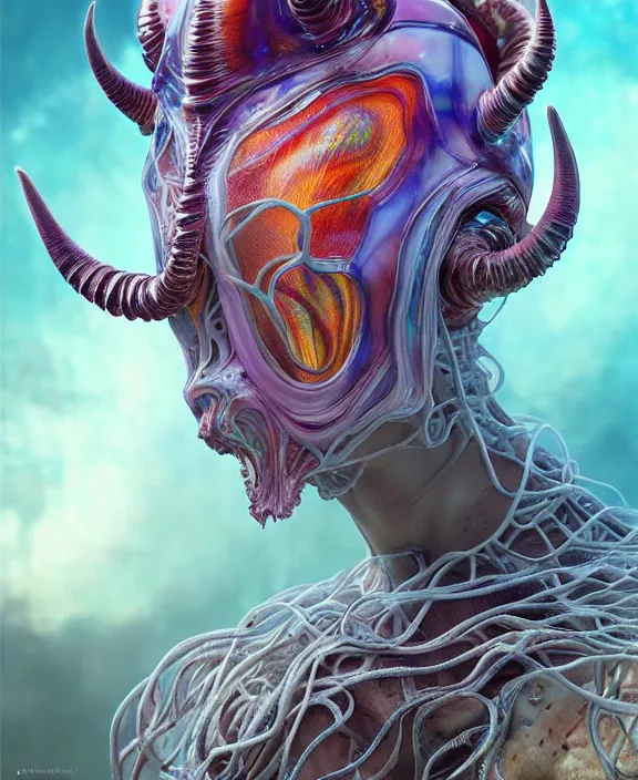 Image similar to intricate colorful transparent portrait of a terrifying beautiful alien sea creature, horns, shells, mottled coloring, adorable, childlike, anxiety environment, ultra realistic, concept art, art nouveau, photorealistic, octane render, 8 k, unreal engine. art by christopher marley and artgerm and greg rutkowski and alphonse mucha