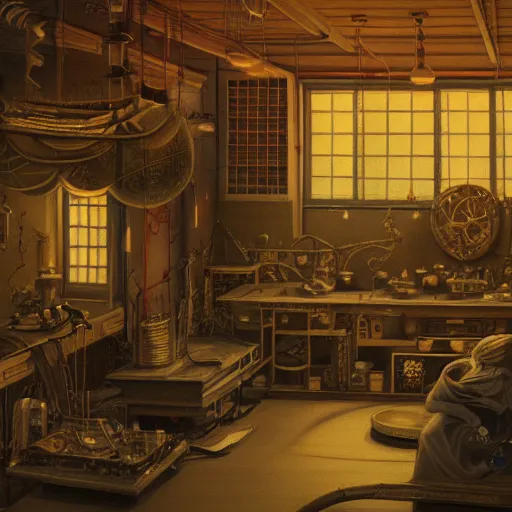 Image similar to detailed painting of a japanese repair shop interior room with celestial ephemeral ornaments and hr giger architecture, artstation, greg crewdson, cinematic